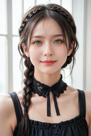 A cuty young girl, portrait, wearing a black Victorian style shirt, sleeveless, looking at the viewer with a light and tender smile, black hair, green eyes, braided hairstyle, score_9, score_8_up, score_7_up, source_real, real skin, BREAK