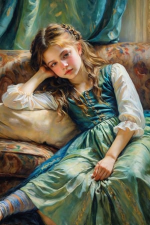 An impressionist style painting of a cute young girl, barefoot, lying on a sofa, artistic pose, wearing Renaissance clothing, tender face