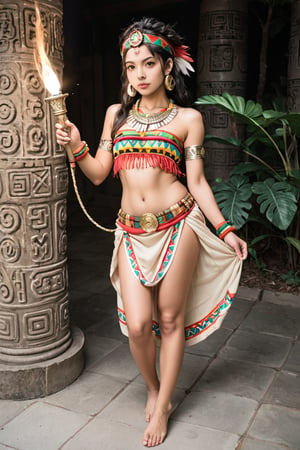  A cute young girl, barefoot, dressed as a jaguar, Aztec, Mayan warrior, with a torch in her hand, sexy pose