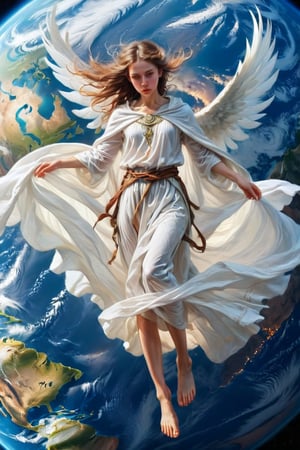 A pretty girl, barefoot, with big fluffy wings, the girl with a powerful temper, the girl, dressed in a white cloth, is floating above the planet Earth