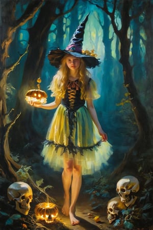 An impressionistic painting of a girl, 19 years old, in a dark forest, barefoot, being illuminated by a golden light, dressed in a short rococo style dress, with a witch hat, long hair, a hut with sweets, surrounded by skeletons