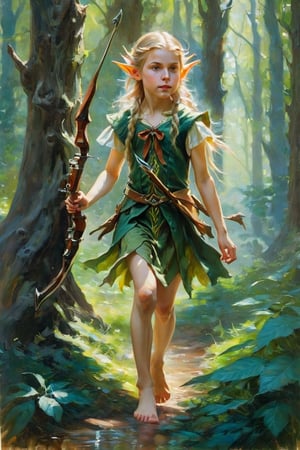 An impressionistic painting of a cute young elven girl, barefoot, in a forest, with her bow, hunting unicorns,