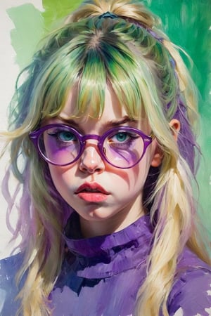 A portrait, impressionist style, a cute young girl, making a grimace with her lips, with green glasses, bangs, long hair, purple eyes, blonde hair, light background