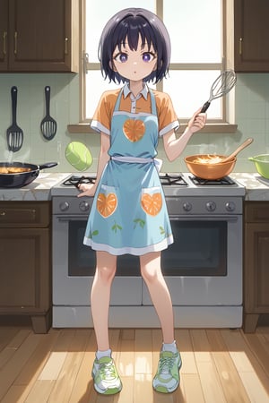 Create a young girl, cooking a big stew, she is standing in the kitchen, the girl has short black hair, she is dressed in a blue apron, an orange blouse with prints, with pink underwear, green tennis shoes, the kitchen is made of wood and very clean.