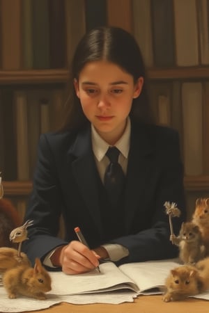 Create an image of a young woman in her early six, wearing a neat university uniform with a blazer, skirt, and tie, sitting at a desk filled with books and papers. She is focused on her studies, with a gentle, thoughtful expression on her face. Surrounding her are adorable animals—small birds, bunnies, a kitten, and a squirrel—each helping in their own way. One bird holds a tiny pencil in its beak, while the kitten playfully turns the pages of a book. The room is warmly lit, with a cozy, inviting atmosphere. The animals add a touch of whimsy and charm to the scene, creating a sense of companionship and support as she studies