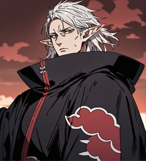 score_9,1boy, men, solo, upper body, focus male, medium hair,  white hair, baggy eyes , muscle body, green eyes, pointy ears, elf ears, soft skin,  Beautiful eyes, defined body, dark colors, kimono, hayato gokudera,  akatsuki cloak, black cloths with red clouds, akatsuki cloths,loose clothing, detailed eyes, big muscles,cloak, normal face, looking at the viewer,JeanKirstein