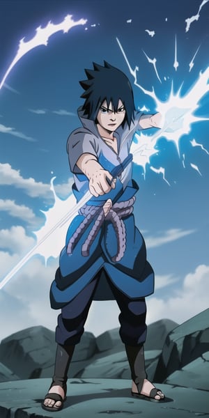 "Sasuke Uchiha channels lightning chakra into his hand, forming the formidable Chidori. The air crackles with energy as he prepares to unleash this powerful jutsu. Capture the intensity and focus in an image of Sasuke wielding the Chidori with precision and determination."