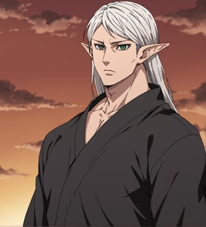 score_9,1boy, men, solo, upper body, focus male, long hair, white hair, baggy eyes , muscle body, green eyes, pointy ears, elf ears, soft skin, Beautiful eyes, defined body, dark colors, kimono, hayato gokudera, akatsuki cloak, black cloths with red clouds, akatsuki cloths,loose clothing, detailed eyes, big muscles,cloak, normal face, looking at the viewer,JeanKirstein