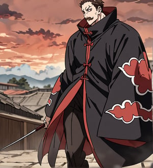 score_9,1boy, men, solo, half body, focus male,short hair,  dark brown hair, baggy eyes , muscle body, red eyes, Beautiful eyes, defined body, dark colors, kimono, hayato gokudera, moustache,  akatsuki cloak, black cloths with red clouds, akatsuki cloths,loose clothing, detailed eyes, big muscles,cloak,  walking, angry face