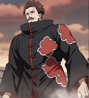 score_9,1boy, men, solo, half body, focus male,short hair,  dark brown hair, baggy eyes , muscle body, red eyes, Beautiful eyes, defined body, dark colors, kimono, hayato gokudera, moustache,  akatsuki cloak, black cloths with red clouds, akatsuki cloths,loose clothing, detailed eyes, big muscles,cloak,  walking, angry face