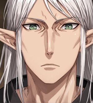 score_9,1boy, men, solo, upper body, focus male, long hair, white hair, baggy eyes , muscle body, green eyes, pointy ears, elf ears, soft skin, Beautiful eyes, defined body, dark colors,  akatsuki cloak,  akatsuki cloths,loose clothing, detailed eyes, normal face, looking at the viewer,JeanKirstein