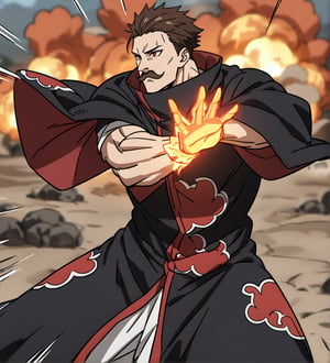 score_9,1boy, men, solo, half body, focus male,short hair,  dark brown hair, baggy eyes , muscle body, red eyes, Beautiful eyes, defined body, dark colors, kimono, hayato gokudera, moustache,  akatsuki cloak, black cloths with red clouds, akatsuki cloths,loose clothing, detailed eyes, big muscles,cloak,  battle position, battle, attack, martial artist, fight, movement lines,  move effect, red glowing hands, explosion effects