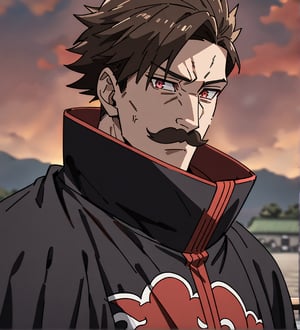 score_9,1boy, men, solo, upper body, focus male,short hair,  dark brown hair, baggy eyes , muscle body, red eyes, Beautiful eyes, defined body, dark colors, kimono, hayato gokudera, moustache,  akatsuki cloak, black cloths with red clouds, akatsuki cloths,loose clothing, detailed eyes, big muscles,cloak, angry face, looking at the viewer