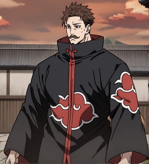 score_9,1boy, men, solo, half body, focus male,short hair,  dark brown hair, baggy eyes , muscle body, red eyes, Beautiful eyes, defined body, dark colors, kimono, hayato gokudera, moustache,  akatsuki cloak, black cloths with red clouds, akatsuki cloths,loose clothing, walking, detailed eyes, big muscles,cloak