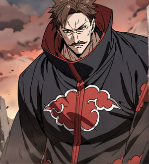 score_9,1boy, men, solo, upper body, focus male,short hair,  dark brown hair, baggy eyes , muscle body, red eyes, Beautiful eyes, defined body, dark colors, kimono, hayato gokudera, moustache,  akatsuki cloak, black cloths with red clouds, akatsuki cloths,loose clothing, detailed eyes, big muscles,cloak, angry face