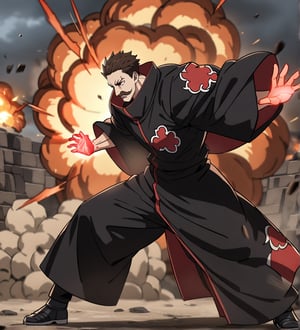 score_9,1boy, men, solo, half body, focus male,short hair,  dark brown hair, baggy eyes , muscle body, red eyes, Beautiful eyes, defined body, dark colors, kimono, hayato gokudera, moustache,  akatsuki cloak, black cloths with red clouds, akatsuki cloths,loose clothing, detailed eyes, big muscles,cloak,  battle position, battle, attack, martial artist, fight, movement lines,  move effect, red glowing hands, explosion effects