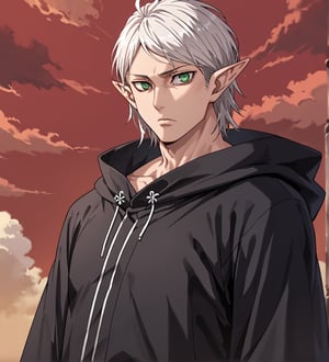 score_9,1boy, men, solo, upper body, focus male, medium hair, white hair, baggy eyes , muscle body, green eyes, pointy ears, elf ears, soft skin, Beautiful eyes, defined body, dark colors, kimono, hayato gokudera, akatsuki cloak, black cloths with red clouds, akatsuki cloths,loose clothing, detailed eyes, big muscles,cloak, normal face, looking at the viewer,JeanKirstein