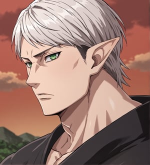 score_9,1boy, men, solo, upper body, focus male, medium hair, white hair, baggy eyes , muscle body, green eyes, pointy ears, elf ears, soft skin, Beautiful eyes, defined body, dark colors, kimono, hayato gokudera, akatsuki cloak, black cloths with red clouds, akatsuki cloths,loose clothing, detailed eyes, big muscles,cloak, normal face, looking at the viewer,JeanKirstein