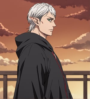 score_9,1boy, men, solo, upper body, focus male, long hair, white hair, baggy eyes , muscle body, green eyes, pointy ears, elf ears, soft skin, Beautiful eyes, defined body, dark colors, kimono, hayato gokudera, akatsuki cloak, black cloths with red clouds, akatsuki cloths,loose clothing, detailed eyes, big muscles,cloak, normal face, looking at the viewer,JeanKirstein