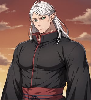 score_9,1boy, men, solo, upper body, focus male, long hair, white hair, baggy eyes , muscle body, green eyes, pointy ears, elf ears, soft skin, Beautiful eyes, defined body, dark colors, kimono, hayato gokudera, akatsuki cloak, black cloths with red clouds, akatsuki cloths,loose clothing, detailed eyes, big muscles,cloak, normal face, looking at the viewer,JeanKirstein