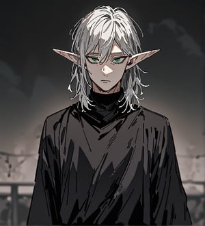 score_9,1boy, men, solo, upper body, focus male, medium hair,  white hair, baggy eyes , green eyes, pointy ears, elf ears, soft skin,  Beautiful eyes, defined body, dark colors, black pants, black cloths, detailed eyes,  normal face, looking at the viewer, JeanKirstein, standing