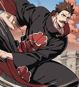 score_9,1boy, men, solo, half body, focus male,short hair,  dark brown hair, baggy eyes , muscle body, red eyes, Beautiful eyes, defined body, dark colors, kimono, hayato gokudera, moustache,  akatsuki cloak, black cloths with red clouds, akatsuki cloths,loose clothing, detailed eyes, big muscles,cloak,  battle position, battle, attack, martial artist, fight, movement lines, wind lines, move effect