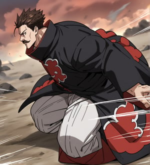 score_9,1boy, men, solo, half body, focus male,short hair,  dark brown hair, baggy eyes , muscle body, red eyes, Beautiful eyes, defined body, dark colors, kimono, hayato gokudera, moustache,  akatsuki cloak, black cloths with red clouds, akatsuki cloths,loose clothing, detailed eyes, big muscles,cloak,  battle position, battle, attack, martial artist, fight, movement lines, wind lines, move effect