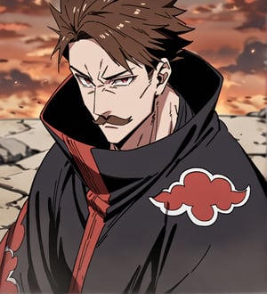 score_9,1boy, men, solo, upper body, focus male,short hair,  dark brown hair, baggy eyes , muscle body, red eyes, Beautiful eyes, defined body, dark colors, kimono, hayato gokudera, moustache,  akatsuki cloak, black cloths with red clouds, akatsuki cloths,loose clothing, detailed eyes, big muscles,cloak, angry face, looking at the viewer