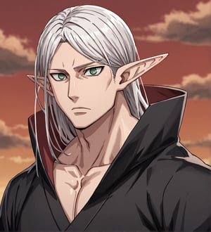 score_9,1boy, men, solo, upper body, focus male, long hair, white hair, baggy eyes , muscle body, green eyes, pointy ears, elf ears, soft skin, Beautiful eyes, defined body, dark colors, kimono, hayato gokudera, akatsuki cloak, black cloths with red clouds, akatsuki cloths,loose clothing, detailed eyes, big muscles,cloak, normal face, looking at the viewer,JeanKirstein