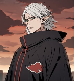 score_9,1boy, men, solo, upper body, focus male, medium hair,  white hair, baggy eyes , muscle body, green eyes, pointy ears, elf ears, soft skin,  Beautiful eyes, defined body, dark colors, kimono, hayato gokudera,  akatsuki cloak, black cloths with red clouds, akatsuki cloths,loose clothing, detailed eyes, big muscles,cloak, normal face, looking at the viewer,JeanKirstein