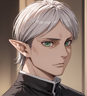 score_9,1boy, men, solo, upper body, focus male, medium hair,  white hair, baggy eyes , green eyes, pointy ears, elf ears, soft skin,  Beautiful eyes, defined body, dark colors, black pants, black cloths, detailed eyes,  normal face, looking at the viewer, JeanKirstein, standing