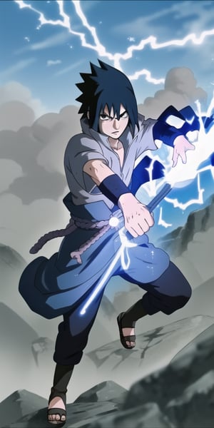 "Sasuke Uchiha channels lightning chakra into his hand, forming the formidable Chidori. The air crackles with energy as he prepares to unleash this powerful jutsu. Capture the intensity and focus in an image of Sasuke wielding the Chidori with precision and determination."