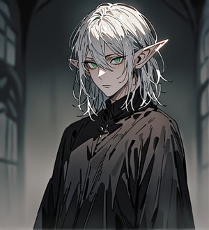 score_9,1boy, men, solo, upper body, focus male, medium hair,  white hair, baggy eyes , green eyes, pointy ears, elf ears, soft skin,  Beautiful eyes, defined body, dark colors, black pants, black cloths, detailed eyes,  normal face, looking at the viewer, JeanKirstein, standing