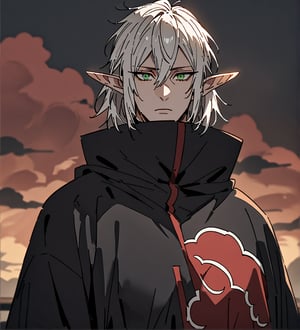 score_9,1boy, men, solo, upper body, focus male, medium hair,  white hair, baggy eyes , muscle body, green eyes, pointy ears, elf ears, soft skin,  Beautiful eyes, defined body, dark colors, kimono, hayato gokudera,  akatsuki cloak, black cloths with red clouds, akatsuki cloths,loose clothing, detailed eyes, big muscles,cloak, normal face, looking at the viewer,JeanKirstein