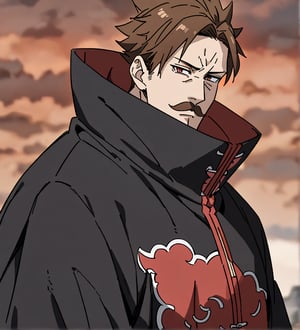 score_9,1boy, men, solo, upper body, focus male,short hair,  dark brown hair, baggy eyes , muscle body, red eyes, Beautiful eyes, defined body, dark colors, kimono, hayato gokudera, moustache,  akatsuki cloak, black cloths with red clouds, akatsuki cloths,loose clothing, detailed eyes, big muscles,cloak, angry face