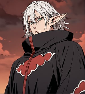 score_9,1boy, men, solo, upper body, focus male, medium hair,  white hair, baggy eyes , muscle body, green eyes, pointy ears, elf ears, soft skin,  Beautiful eyes, defined body, dark colors, kimono, hayato gokudera,  akatsuki cloak, black cloths with red clouds, akatsuki cloths,loose clothing, detailed eyes, big muscles,cloak, normal face, looking at the viewer,JeanKirstein