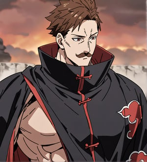 score_9,1boy, men, solo, upper body, focus male,short hair,  dark brown hair, baggy eyes , muscle body, red eyes, Beautiful eyes, defined body, dark colors, kimono, hayato gokudera, moustache,  akatsuki cloak, black cloths with red clouds, akatsuki cloths,loose clothing, detailed eyes, big muscles,cloak, question face, question 