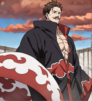 score_9,1boy, men, solo, half body, focus male,short hair,  dark brown hair, baggy eyes , muscle body, red eyes, Beautiful eyes, defined body, dark colors, kimono, hayato gokudera, moustache,  akatsuki cloak, black cloths with red clouds, akatsuki cloths,loose clothing, detailed eyes, big muscles,cloak,  walking, angry face