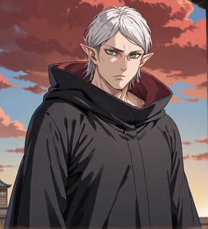 score_9,1boy, men, solo, upper body, focus male, medium hair, white hair, baggy eyes , muscle body, green eyes, pointy ears, elf ears, soft skin, Beautiful eyes, defined body, dark colors, kimono, hayato gokudera, akatsuki cloak, black cloths with red clouds, akatsuki cloths,loose clothing, detailed eyes, big muscles,cloak, normal face, looking at the viewer,JeanKirstein