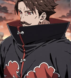 score_9,1boy, men, solo, upper body, focus male,short hair,  dark brown hair, baggy eyes , muscle body, red eyes, Beautiful eyes, defined body, dark colors, kimono, hayato gokudera, moustache,  akatsuki cloak, black cloths with red clouds, akatsuki cloths,loose clothing, detailed eyes, big muscles,cloak, question face, question 