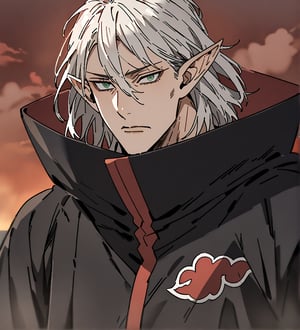 score_9,1boy, men, solo, upper body, focus male, medium hair,  white hair, baggy eyes , muscle body, green eyes, pointy ears, elf ears, soft skin,  Beautiful eyes, defined body, dark colors, kimono, hayato gokudera,  akatsuki cloak, black cloths with red clouds, akatsuki cloths,loose clothing, detailed eyes, big muscles,cloak, normal face, looking at the viewer,JeanKirstein