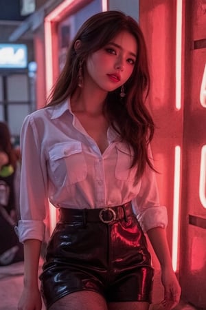 This is a modern style image of a beautiful woman . The image in the shows a woman wearing a white shirt. and the light is focused on the person from top to bottom, creating an atmosphere in the photo. There are pibk and red neon lights  .shiny pantyhose.