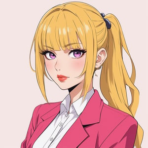 1girl, female_solo, blond hair, bright lipstick, purple eyes, long_ponytail, freckles, business woman, pink jacket, rainbow, looking_at_viewer, simple background, overworked, working, flat image