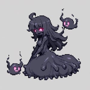 Solo_female, woman, hex maniac, long ruffled dress, plain background, villain, shadow skin, shadow hair, vantablack skin, ghostly, sprite, pixel style, front and side view