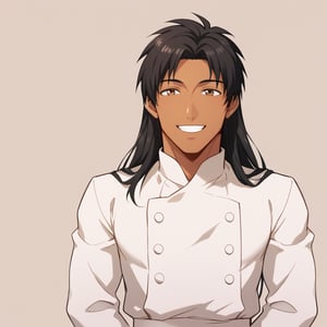 1boy, male_solo, black hair, straight hair, (((long hair))), black hair, dark skin, brown eyes, happy, chef, mature, looking_at_viewer, simple background