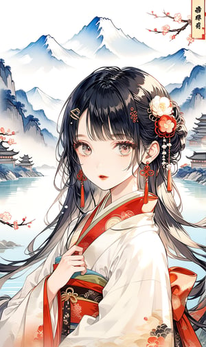  score_9, score_8_up,  score_7_up, source_anime BREAK  1girl,looking at viewer,Exquisite details, a perfect figure of a girl,beautiful face,detailed eyes,lipstick,hairpin,black hair,long hair,dynamic hair,hanfu,Chinese style,mountain,river,sky,upper body