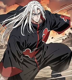 score_9,1boy, men, solo, upper body, focus male, Long hair, straight hair, White hair, baggy eyes , muscle body, Blue eyes, Beautiful eyes, defined body, dark colors, kimono, hayato gokudera,  akatsuki cloak, black cloths with red clouds, akatsuki cloths,loose clothing, detailed eyes, big muscles,cloak, normal face, detailed face, battle position, battle, attack, martial artist, fight, movement lines, wind lines, move effect