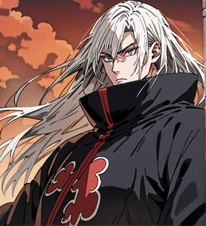 score_9,1boy, men, solo, upper body, focus male, Long hair, straight hair, White hair, baggy eyes , muscle body, Blue eyes, Beautiful eyes, defined body, dark colors, kimono, hayato gokudera,  akatsuki cloak, black cloths with red clouds, akatsuki cloths,loose clothing, detailed eyes, big muscles,cloak, normal face, looking at the viewer, detailed face