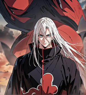 score_9,1boy, men, solo, upper body, focus male, Long hair, straight hair, White hair, baggy eyes , muscle body, Blue eyes, Beautiful eyes, defined body, dark colors, kimono, hayato gokudera,  akatsuki cloak, black cloths with red clouds, akatsuki cloths,loose clothing, detailed eyes, big muscles,cloak, normal face, looking at the viewer, detailed face