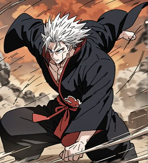 score_9,1boy, men, solo, upper body, focus male, Long hair, straight hair, White hair, baggy eyes , muscle body, Blue eyes, Beautiful eyes, defined body, dark colors, kimono, hayato gokudera,  akatsuki cloak, black cloths with red clouds, akatsuki cloths,loose clothing, detailed eyes, big muscles,cloak, normal face, detailed face, battle position, battle, attack, martial artist, fight, movement lines, wind lines, move effect